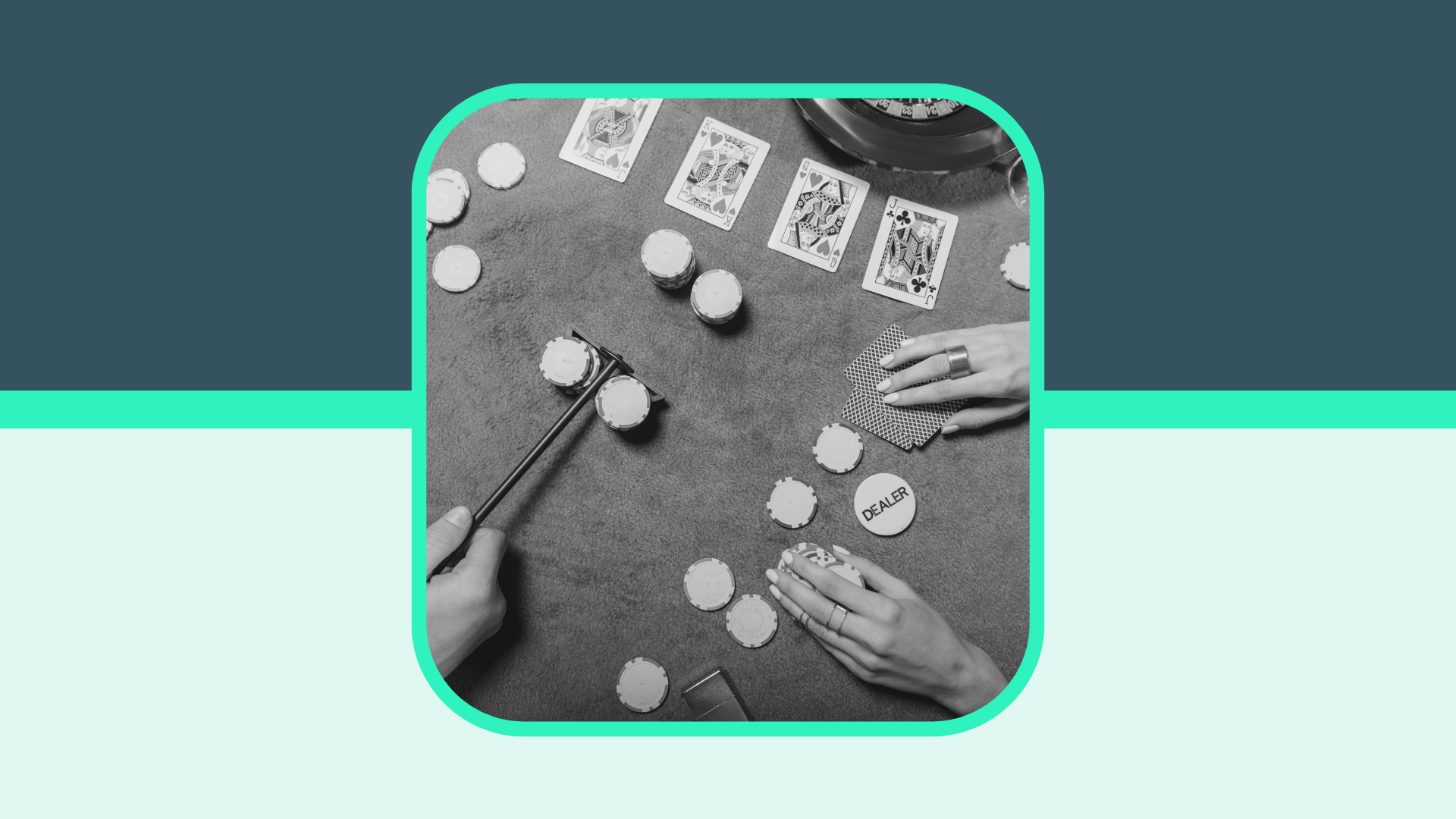 Professional gambler at a card table with poker chips and playing cards